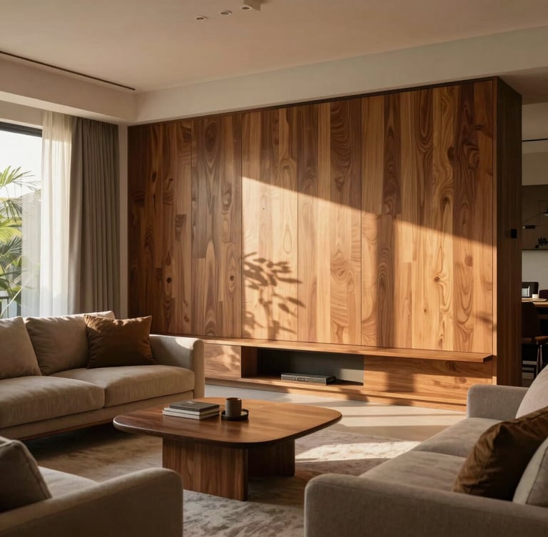 Warm, inviting modern Malaysian living room bathed in soft afternoon light, highlighting premium wood finishes and a comfortable seating area, natural unposed atmosphere.