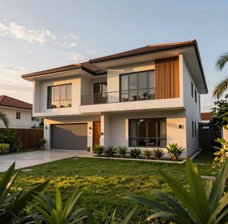 Modern tropical semi-detached house in Malaysia during golden hour, warm lighting, lush green garden foreground, wide architectural framing
