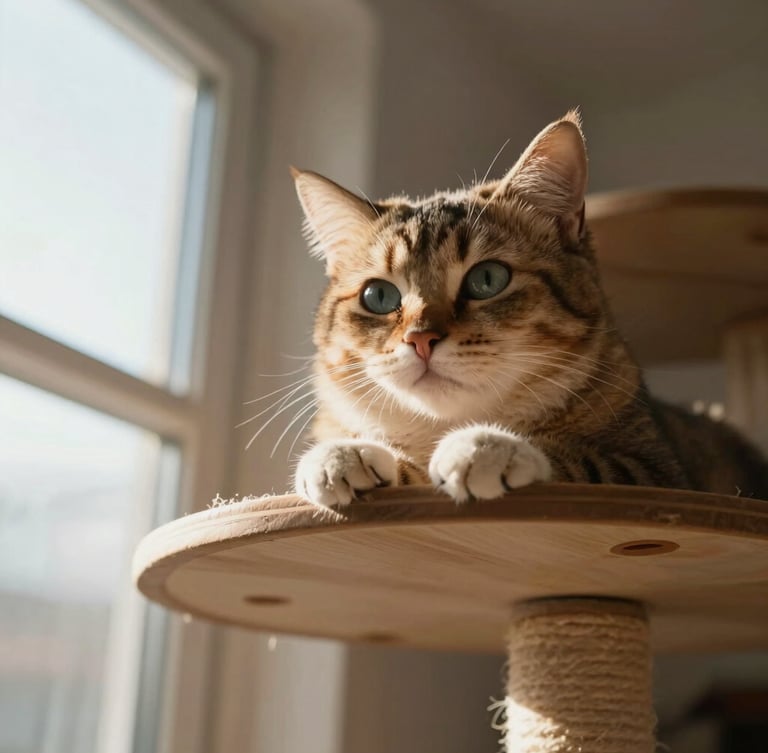 Low-angle close-up of a relaxed cat resting on a high wooden perch, soft afternoon light streaming through a window, warm domestic setting