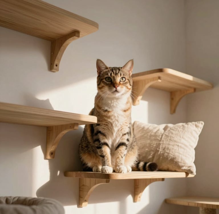 Low angle shot of a light-filled feline boarding suite with custom wooden climbing shelves, a soft linen cushion in a sunbeam, warm afternoon light.