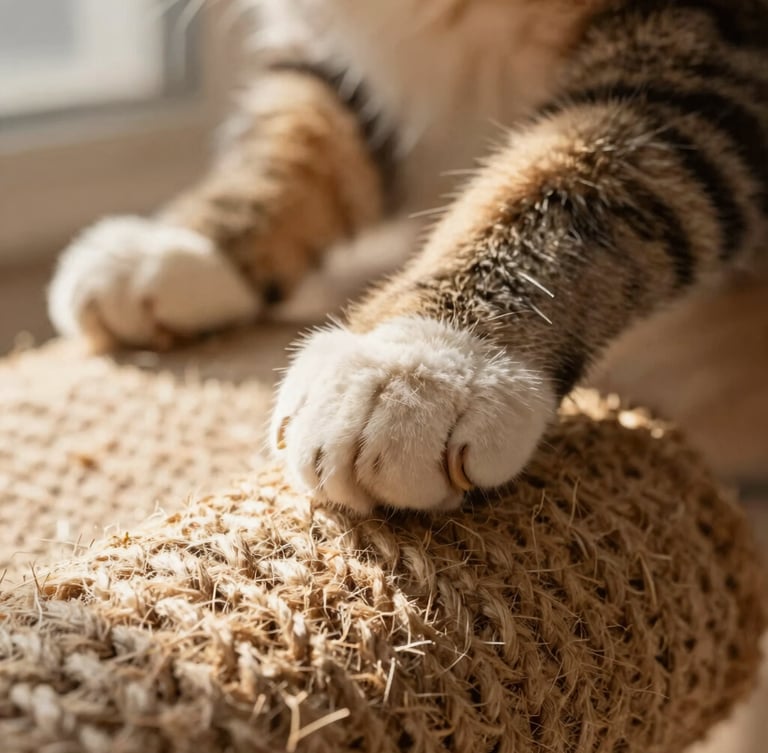Macro shot of a cat's paw resting on a textured natural sisal scratching post, soft warm focus, gentle afternoon sun.