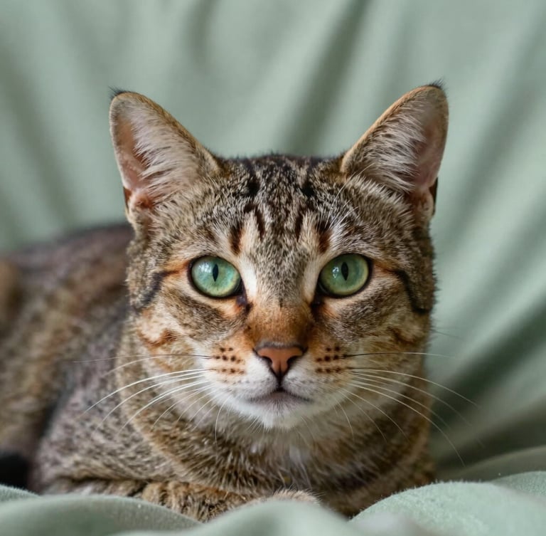 Low-angle close-up portrait of a calm, healthy cat with green eyes looking directly forward, resting on a soft sage green blanket.