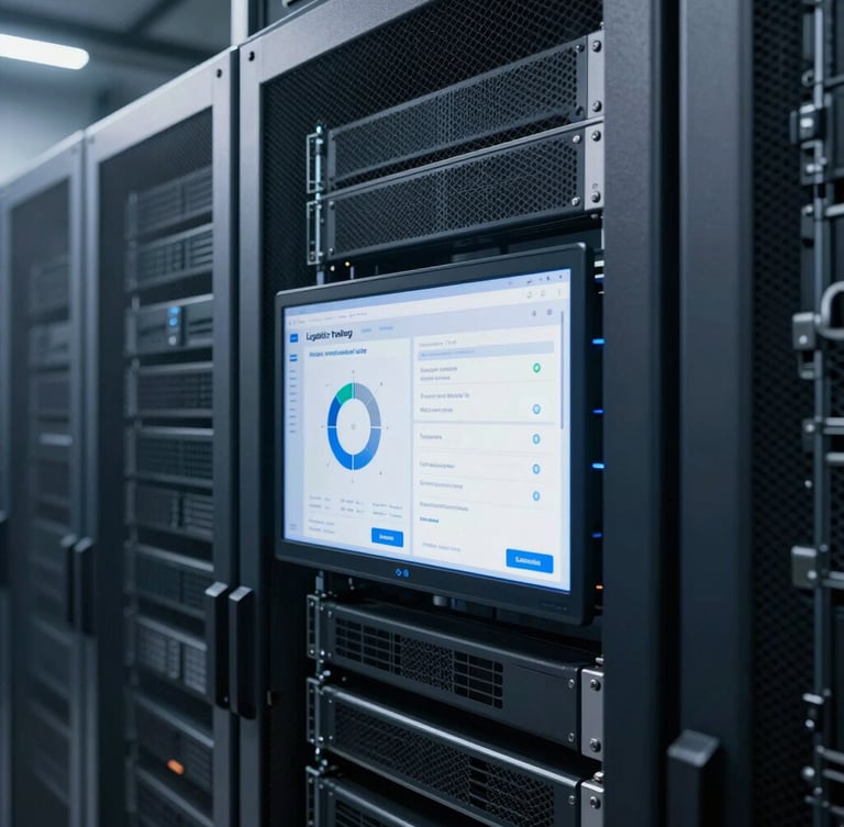 Medium-close shot of a modern server rack alongside a logistics tracking interface, crisp cool-toned lighting, industrial steel environment, high-contrast corporate editorial.