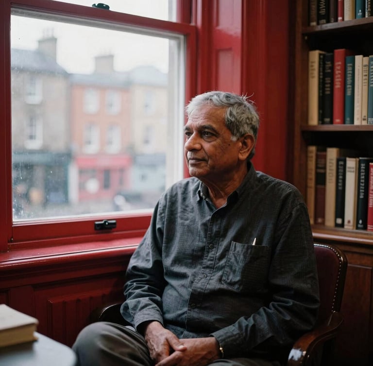 A thoughtful middle-aged Nepali writer sitting in a cozy Dublin library, natural overcast light coming through a window, 35mm editorial photography style, high-contrast red and charcoal tones.