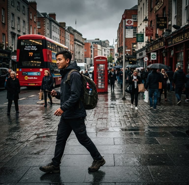 Editorial news photography of Dublin city street with overcast Irish daylight, a Nepali student walking in the foreground with a backpack, documentary style, 35mm lens, high-contrast red and charcoal tones