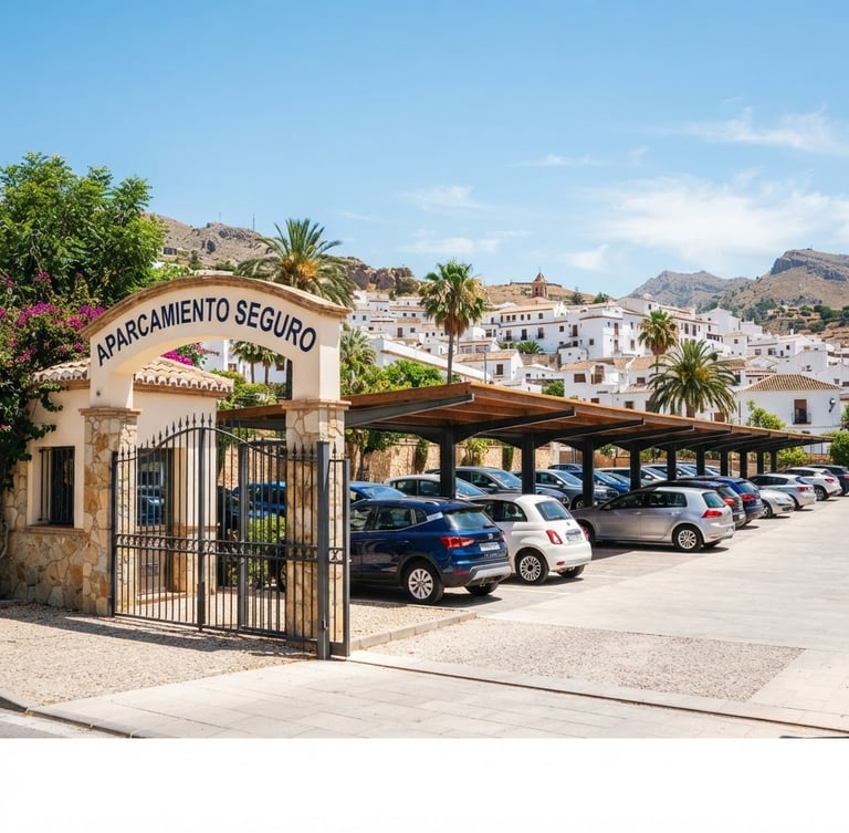 Bright editorial travel photography of a modern secure car park under the sunny Andalusian sky, gated entrance with high-contrast sun-shaded bays, sharp focus.