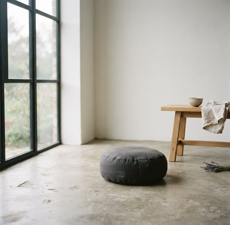 An empty meditation cushion on a concrete floor next to a low wooden bench, soft morning light from a side window, quiet minimalist atmosphere, 35mm photograph
