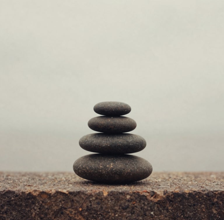 A simple arrangement of three smooth, dark river stones stacked carefully on a warm stone ledge, soft overcast daylight, muted earthy tones, 35mm film style