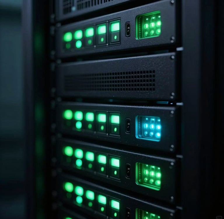 Macro shot of high-performance server racks in a dark data center, glowing neon green and cyan LED status lights, shallow depth of field, high contrast.