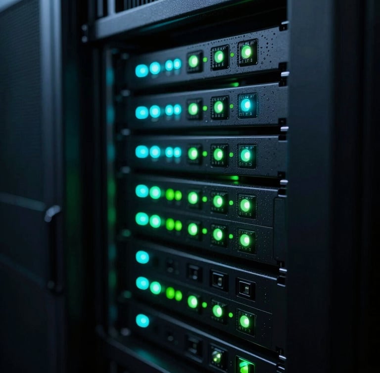 Macro shot of liquid-cooled server racks glowing with cyan and neon green LED indicators in an ultra-dark data center, high contrast, shallow depth of field
