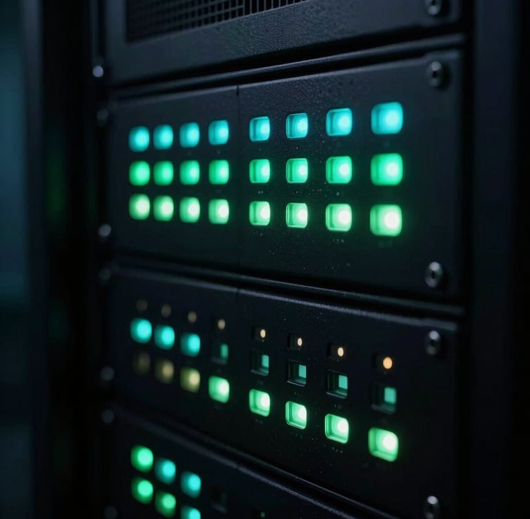 Macro close-up of high-performance server racks in a dark datacenter, glowing neon green and cyan LED indicators, shallow depth of field, high contrast, dark-mode terminal aesthetic.