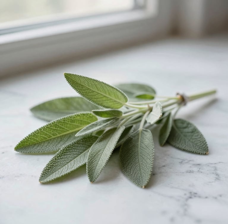 A close-up of natural botanicals and fresh sage leaves on a clean marble surface, soft natural window light, muted sage and slate tones, shallow depth of field, 35mm