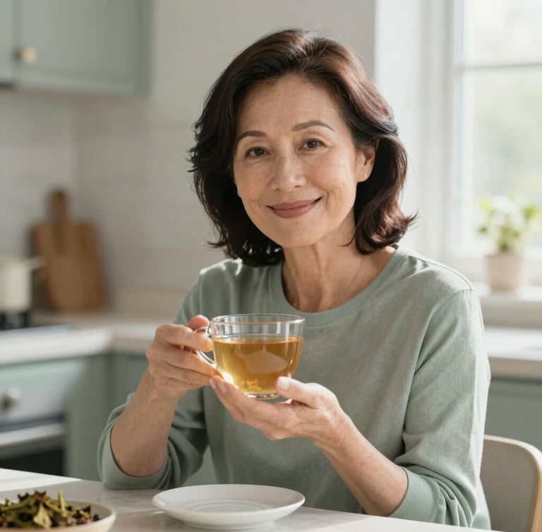 An elegant, mature woman aged 50 smiling softly, sitting in a sunlit kitchen with a warm cup of herbal tea, soft natural window light, shallow depth of field, 35mm