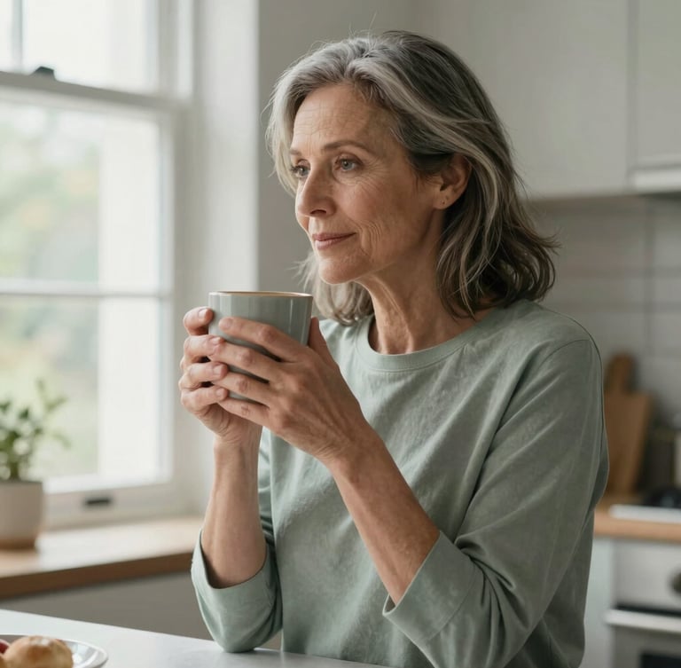 A mature woman of 50 with natural graying hair sitting in a sunlit kitchen, holding a warm mug, soft natural window light, shallow depth of field, muted sage tones, editorial lifestyle photography