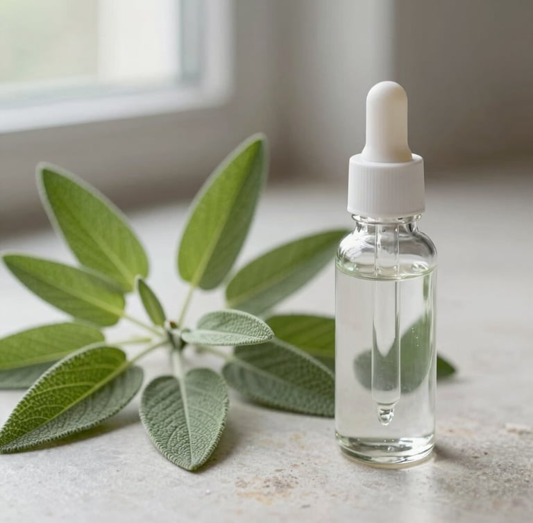 Close-up of fresh organic sage leaves and clean glass dropper bottle on a light stone surface, soft natural side light, shallow depth of field, clinical-editorial style