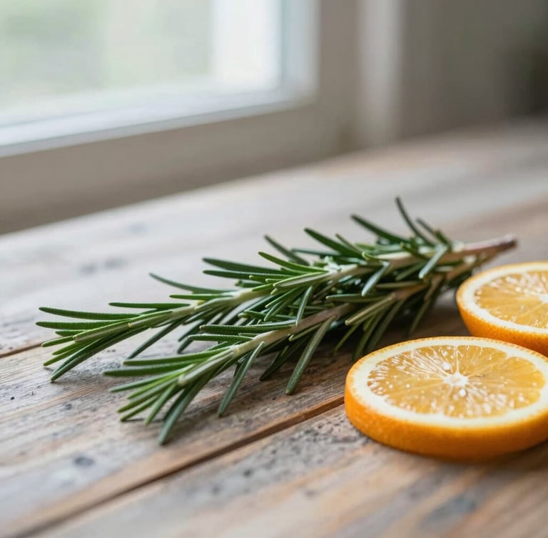 Close-up of fresh, organic rosemary sprigs and sliced citrus fruits on a rustic wooden table, soft natural window light, muted sage tones, shallow depth of field, 35mm