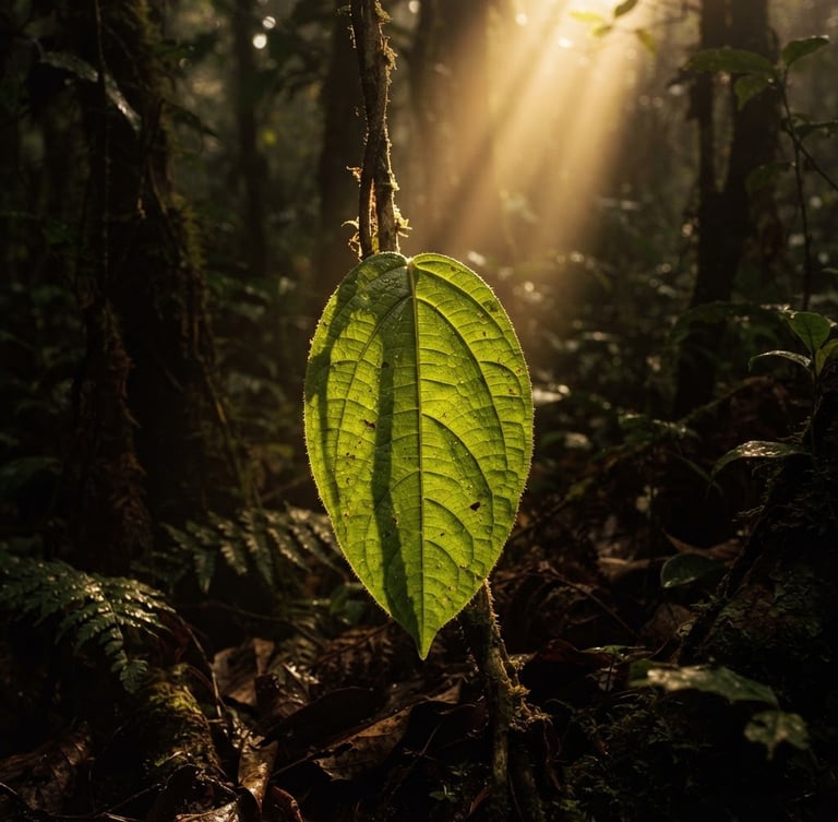 Macro shot of a vibrant green ayahuasca vine leaf, gently illuminated by golden sunbeams filtering through an ancient forest canopy, rich sepia tones, cinematic moody photography, warm chiaroscuro, 35mm film