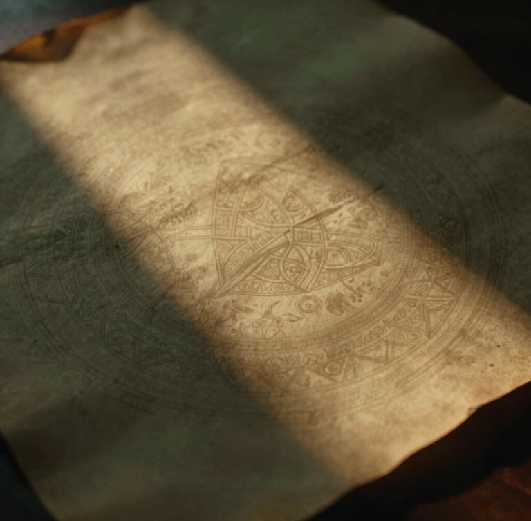Close-up of aged parchment paper with subtle sacred geometry patterns, warm chiaroscuro lighting, rich sepia tones, 35mm film.
