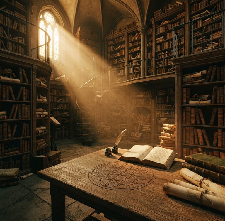 Wide shot of an ancient library interior, shelves filled with leather-bound books and aged parchment scrolls. Dramatic golden-hour sunbeams filter through a high window, illuminating dust motes. A subtle sacred geometry pattern is etched into a wooden table in the foreground. Cinematic moody photography, rich sepia and moss green tones, warm chiaroscuro, 35mm film.