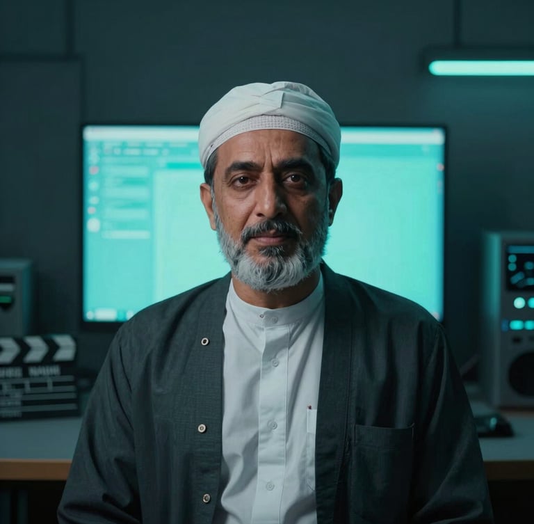 Professional, direct-to-camera portrait of Muhammad Imran in a moody technical workspace, subtle cool screen glow, slate and electric teal tones, shallow depth of field.