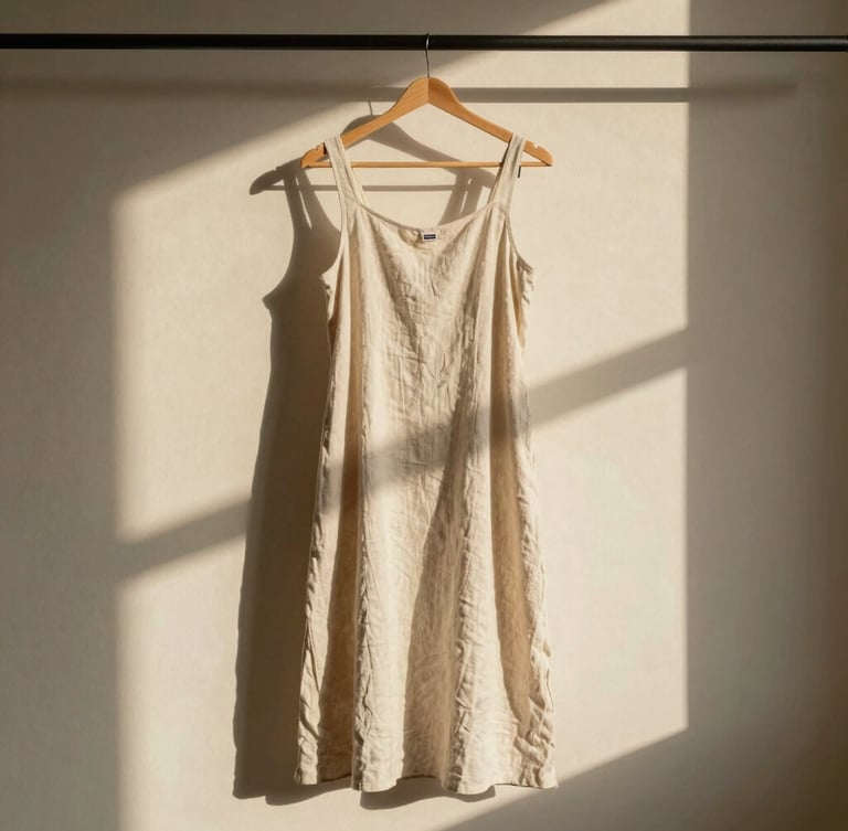 Diffused Florida sunlight illuminating a linen dress hanging on a minimalist rack, soft shadows on a sand-beige wall, editorial crop.