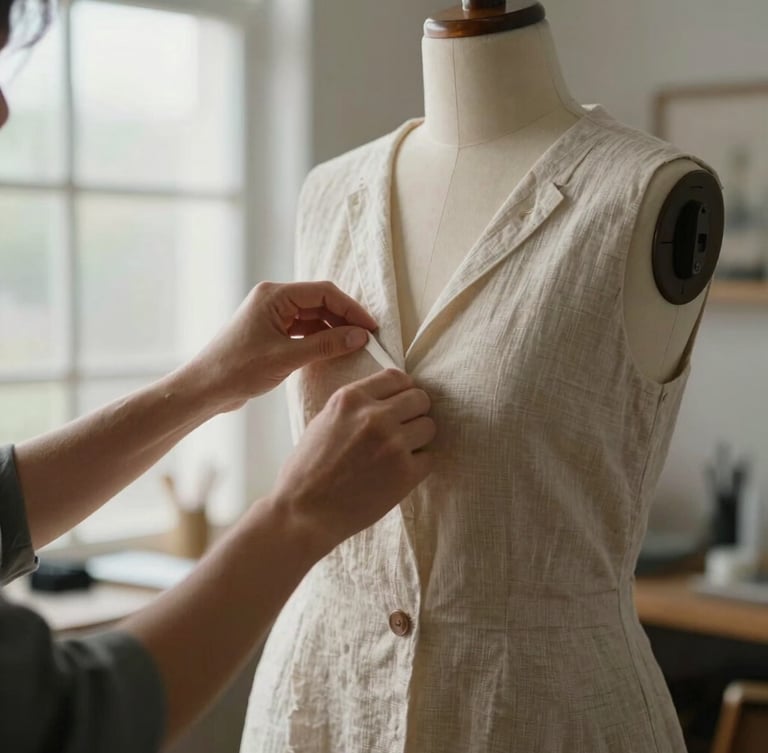 Diffused natural light illuminating a designer's hands adjusting a linen garment drape on a wooden dress form in a sunlit Tampa studio.