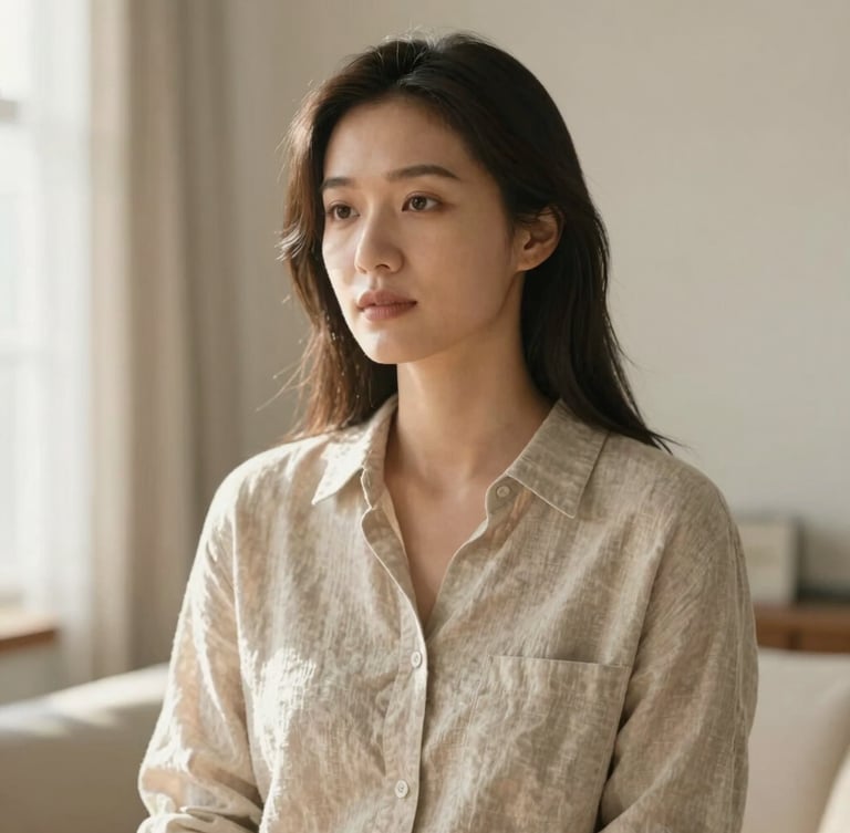A thoughtful portrait of a professional woman in a sunlit room, neutral linen shirt, looking slightly off-camera, warm morning light, shallow depth of field.