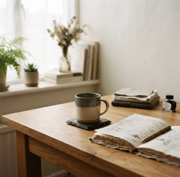 A quiet, sunlit workspace with natural wood and linen textures, soft morning daylight, muted cream and slate tones, shallow depth of field, 35mm