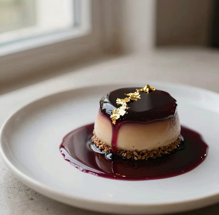 A close-up portrait shot of an artfully plated contemporary dessert with a deep wine reduction drizzle and edible gold leaf, soft natural window light, shallow depth of field, minimalist stone background.