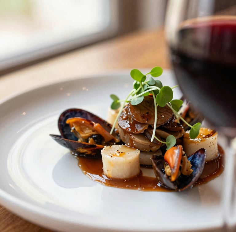 Close-up macro shot of an artfully plated contemporary seafood dish with microgreens, rich espresso and wine tones, shallow depth of field, warm natural light