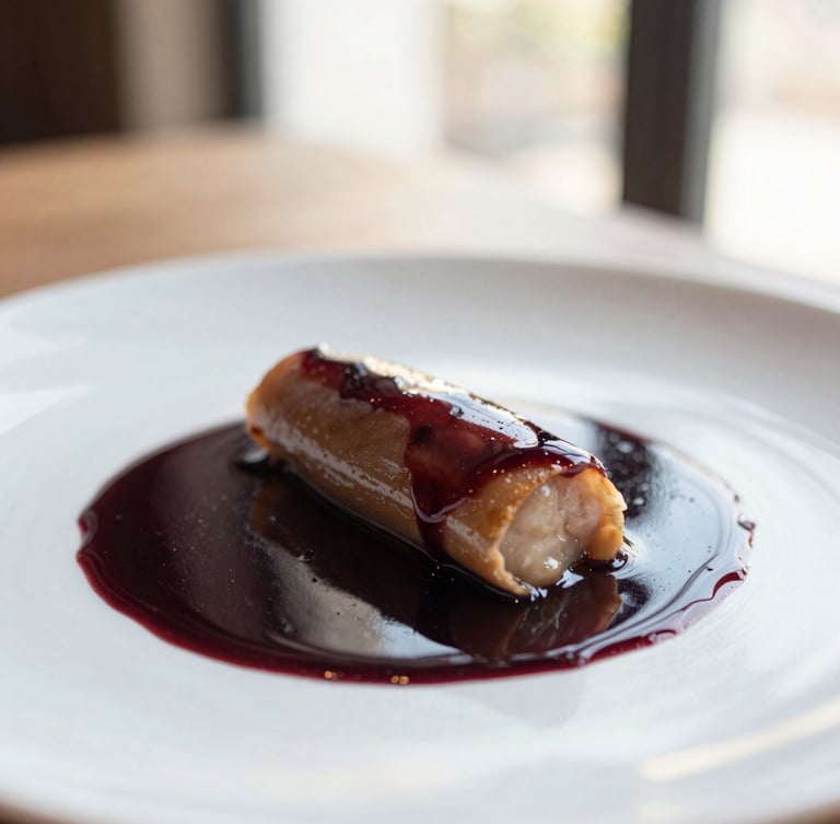 Close-up macro of an artfully plated contemporary dish, rich deep wine sauce drizzle, warm natural window light, shallow depth of field