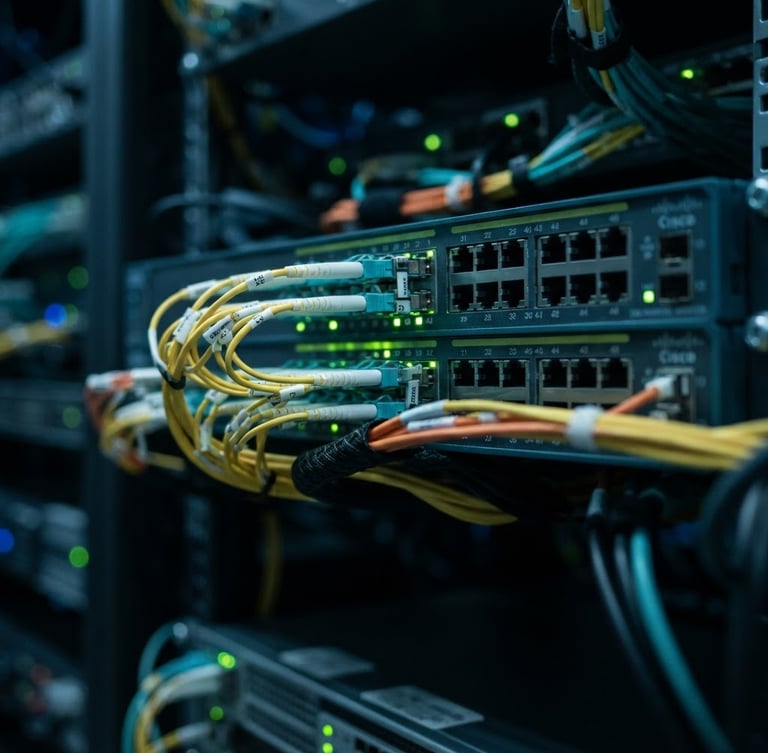 Macro shot of clean fiber optic cabling plugged into a high-density network switch, cool-toned green LED status lights blinking, shallow depth of field
