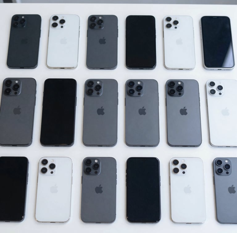 Top-down symmetrical flat lay of sorted smartphones in matte black and silver, arranged perfectly on a clean clinical sorting table under bright cool daylight, high-precision industrial aesthetic