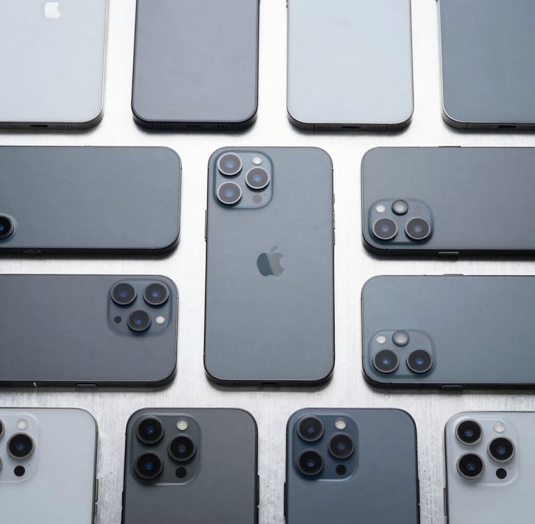 Symmetrical top-down flat lay of multiple slate-colored smartphones aligned on a metallic grid under cool clinical studio lighting.