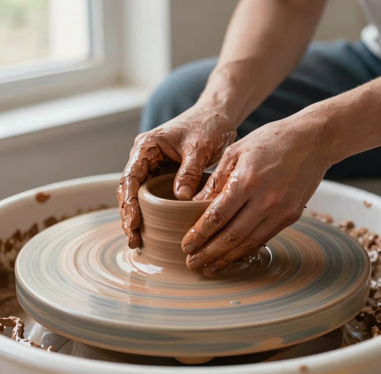 Hands molding wet clay on a pottery wheel, soft side light, focus on textured clay, warm terracotta tones, editorial depth of field