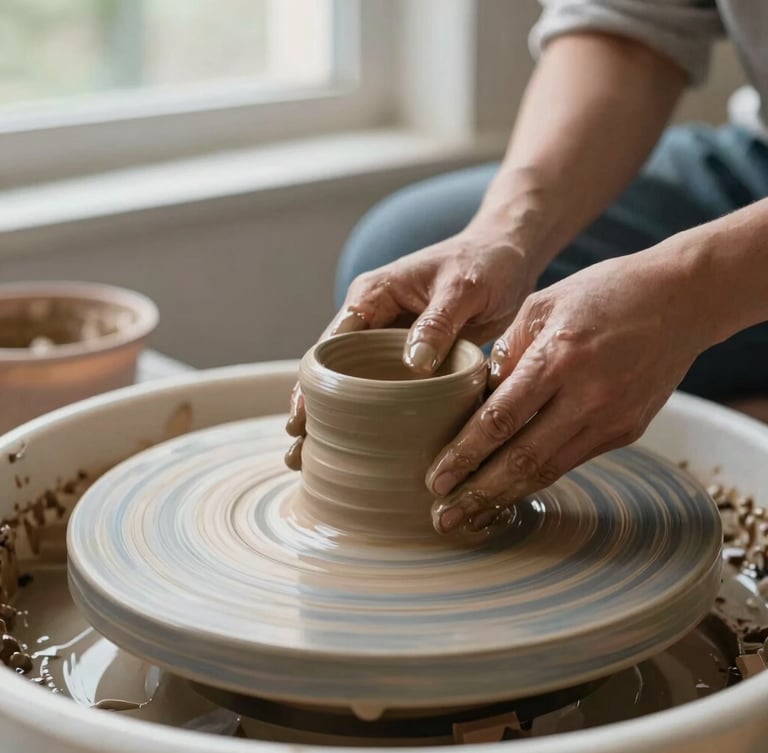 A close-up of hands working on a potter's wheel, wet clay spinning, soft natural window light, muted terracotta tones, shallow depth of field