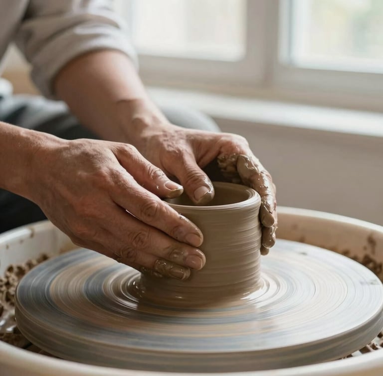 Tight macro shot of ceramic artisan hands molding terracotta clay on a pottery wheel, soft natural window light, shallow depth of field, warm 35mm texture.