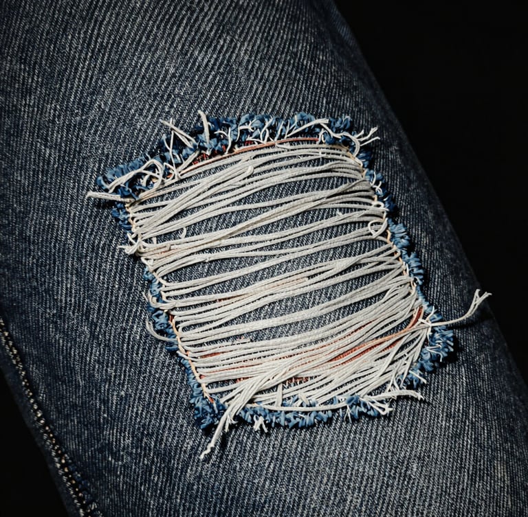 Extreme close-up of frayed denim fabric with heavy physical wear and a faded patch, raw flash photography, desaturated dark tones, high contrast