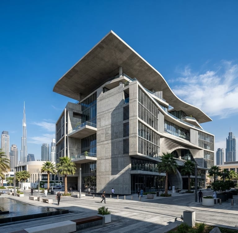 Wide-angle architectural shot of a modern Dubai commercial building with a clean concrete roof under bright desert daylight, sharp shadows, high-contrast cool tones.