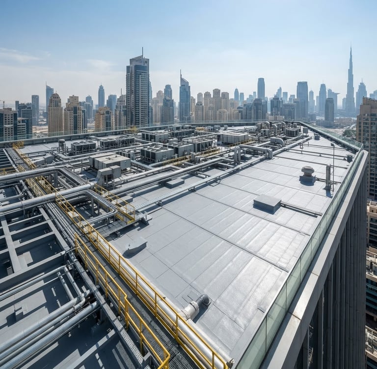 Wide-angle architectural photograph of a modern Dubai commercial tower roof under bright daylight, showing crisp gray waterproofing membranes and technical execution.