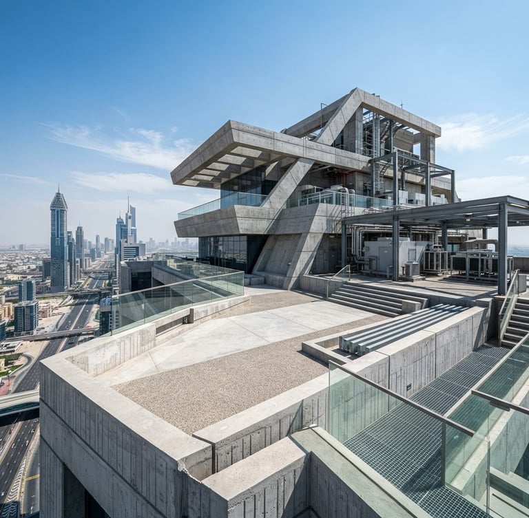 Sharp architectural photo of a modern high-rise rooftop in Dubai under bright daylight, showing clean geometric concrete lines and professional engineering execution.
