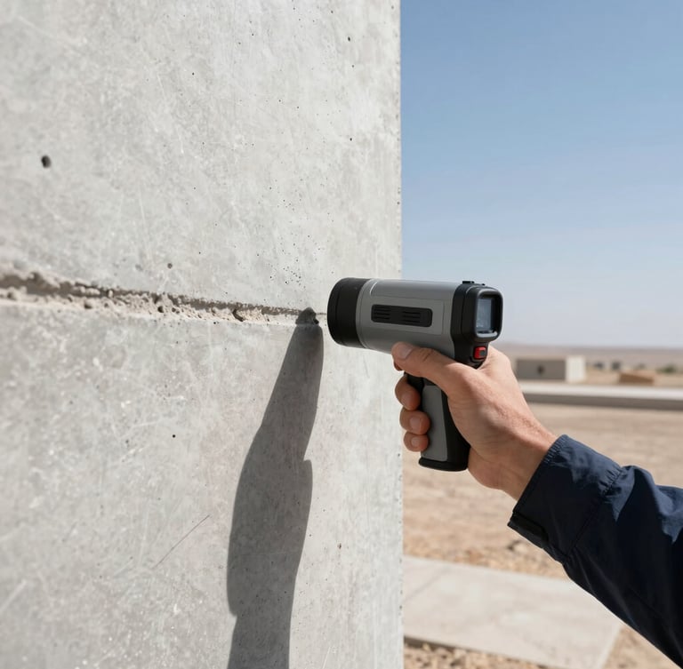 Close-up of a technical operator using a thermal imaging camera to detect moisture failure points on a concrete structure, high-contrast cool tones.
