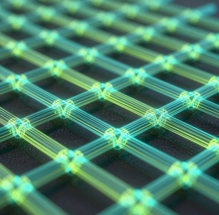 Abstract 3D wireframe grid of data pipelines, glowing neon cyan and cyber lime connections on an obsidian background, sharp studio edge lighting, macro depth of field