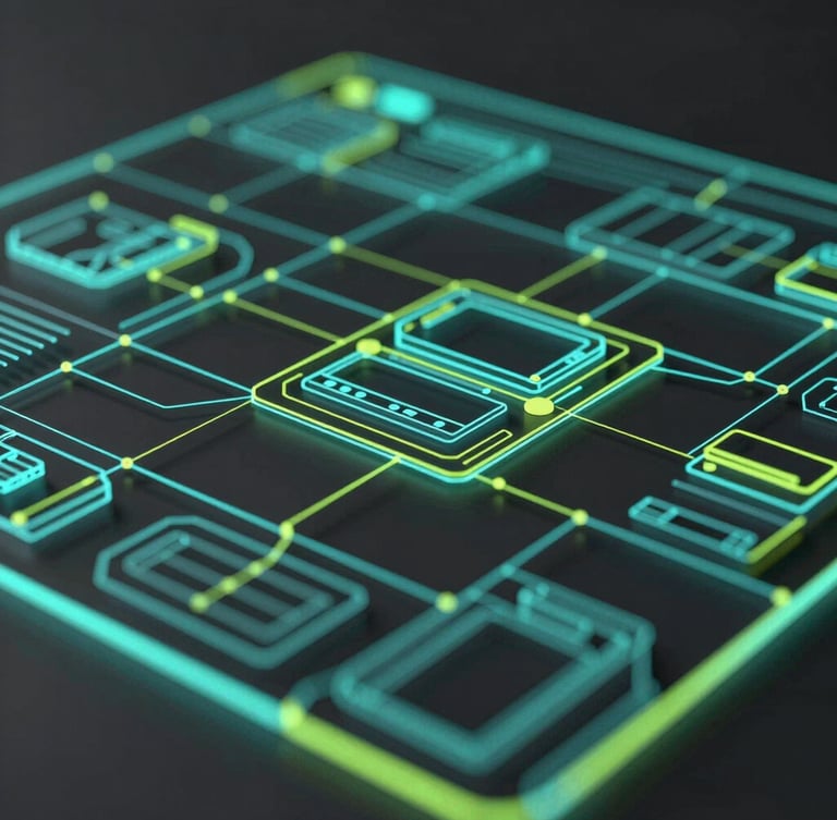 Abstract 3D wireframe grid of a structured technical workspace interface, glowing neon cyan and cyber lime lines on obsidian background, macro depth of field
