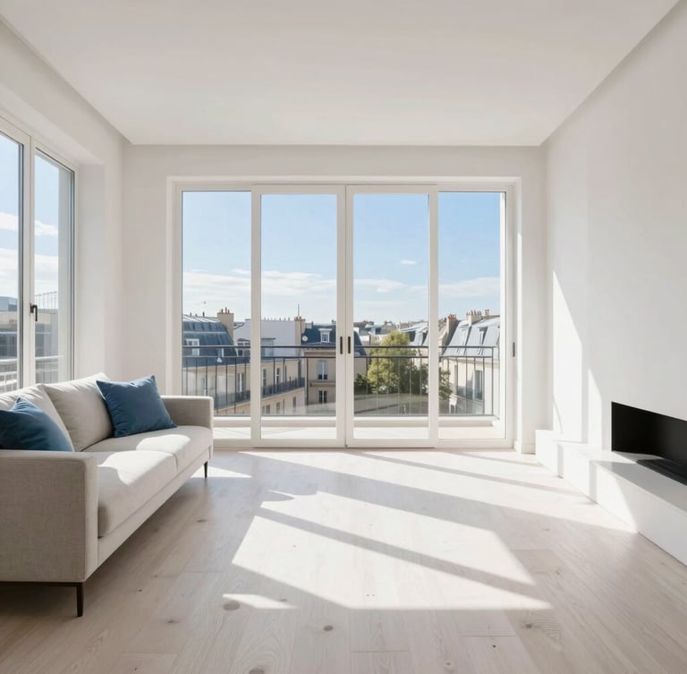 Bright high-key interior photography of a sunlit modern Parisian living room, minimalist design, pristine white oak floors, soft blue accents on cushions, warm natural daylight, professional editorial style.