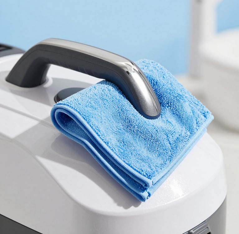 Close-up of professional cleaning equipment, a high-end microfiber cloth wiping a sleek metal handle, sharp focus, bright high-key lighting.