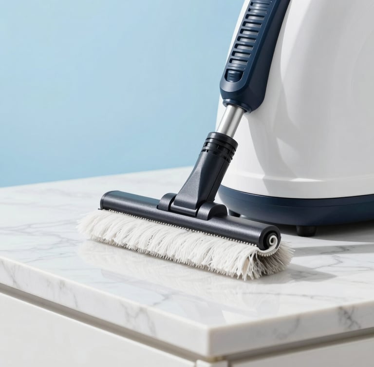 Close-up of professional cleaning equipment on a pristine marble countertop, soft sky blue lighting accents, sharp focus, high-key editorial style.