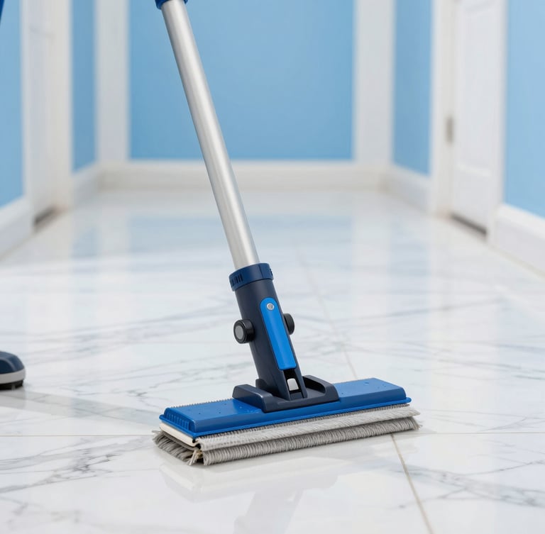 Close-up of professional cleaning equipment on an immaculate marble hallway floor, sharp focus, bright high-key lighting, sky blue accents, professional editorial style.
