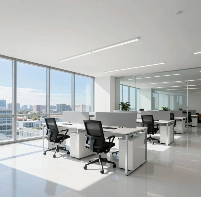 Bright modern open-space office flooded with natural daylight, pristine glass partitions, clean minimalist desks, professional editorial style.