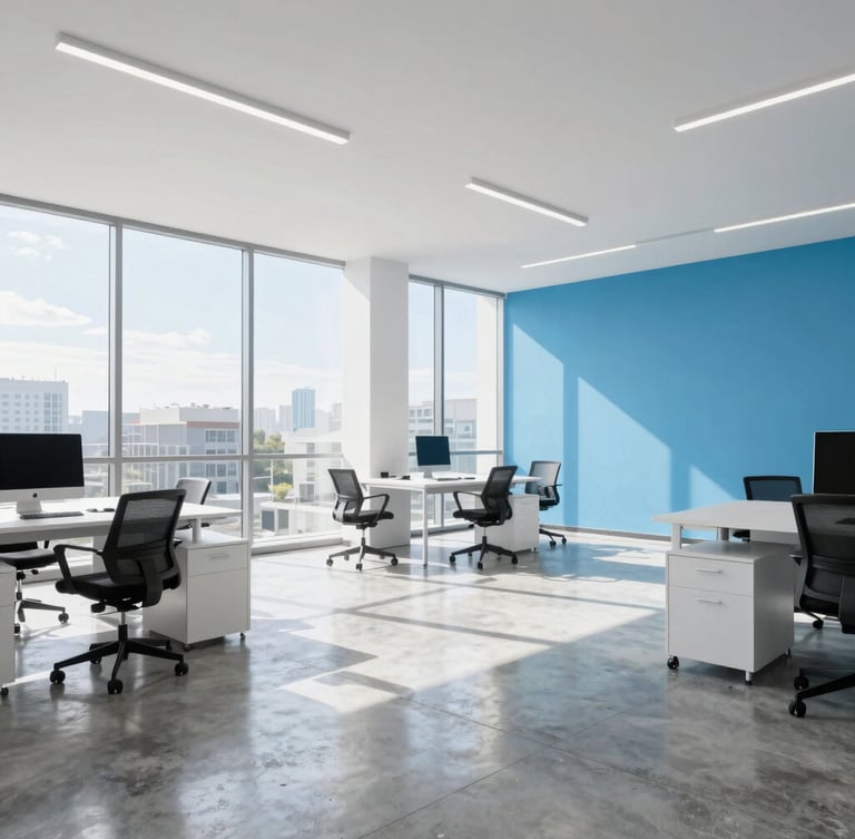 Bright modern office space with large windows, sunlight reflecting on polished concrete floors, minimalist furniture, sky blue accent wall, professional high-key photography.
